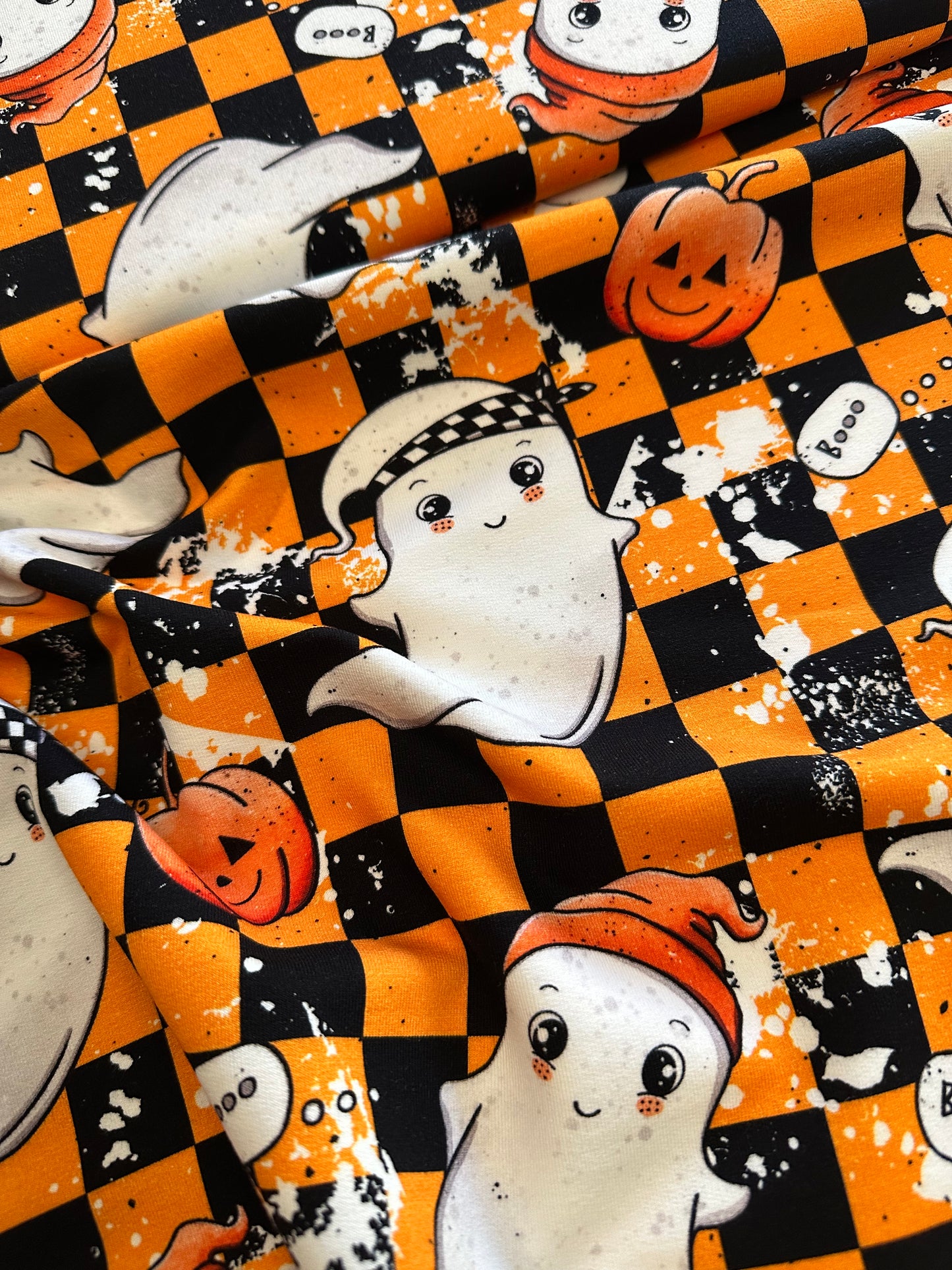 French Terry Spooky Fun Orange Checker