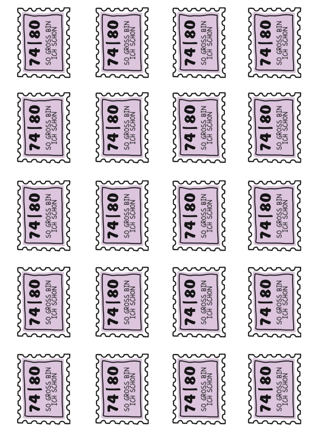 Bügelbild Größenlabel Briefmarke Lila