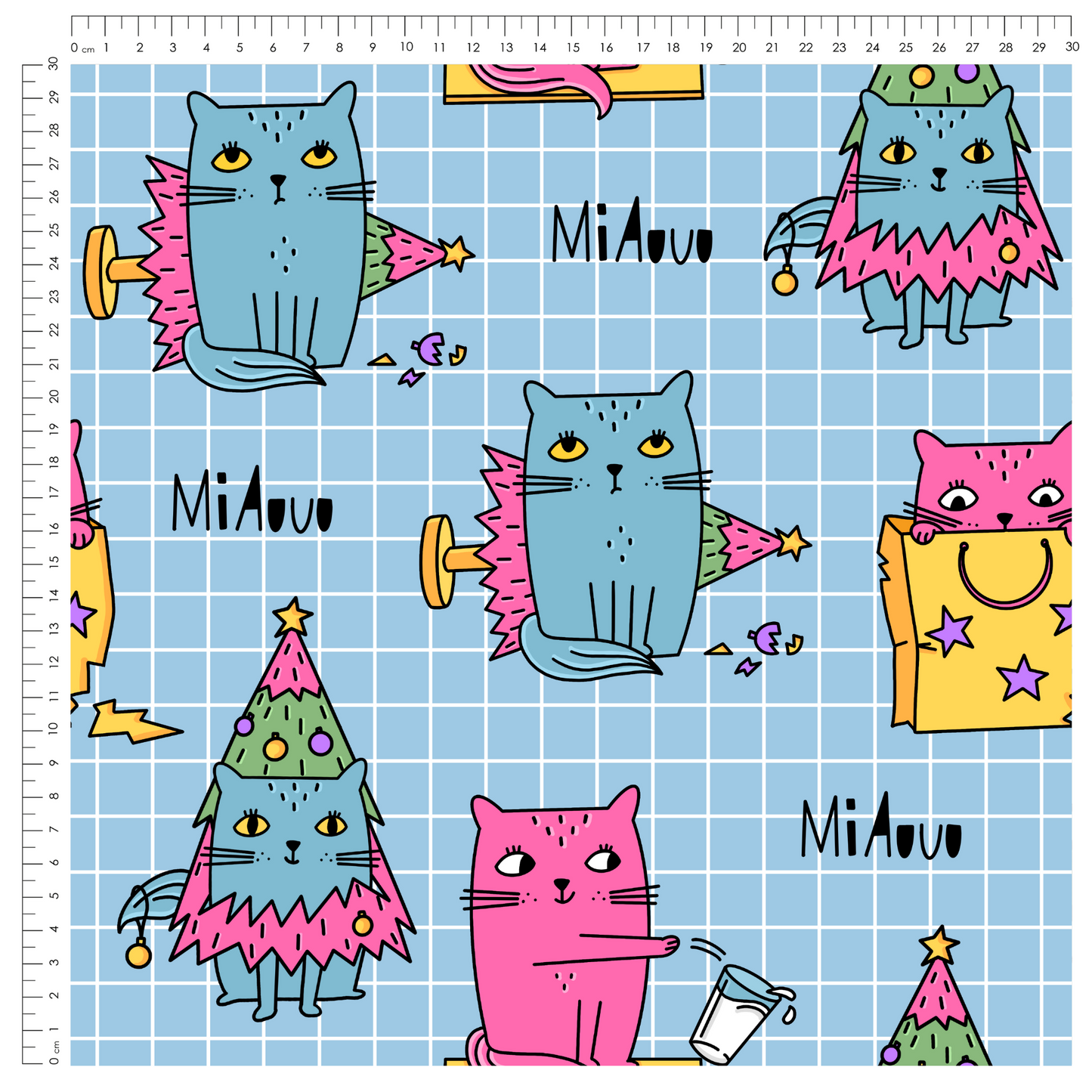 French Terry Xmas Cat Blue Grid