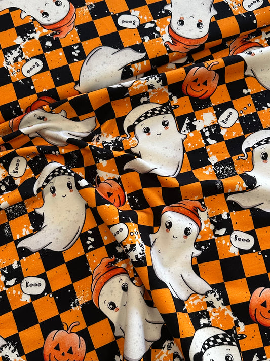 French Terry Spooky Fun Orange Checker