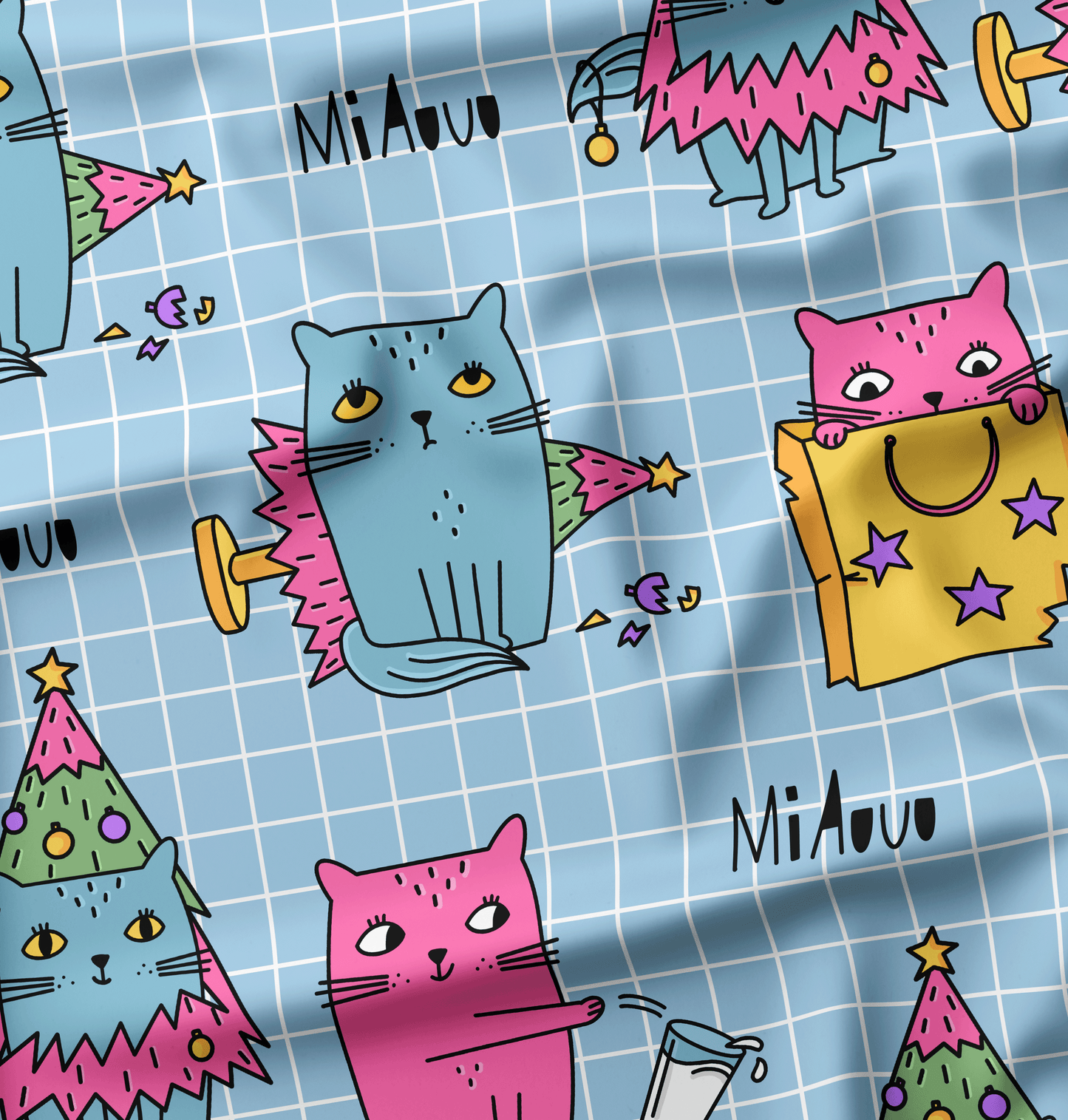 French Terry Xmas Cat Blue Grid