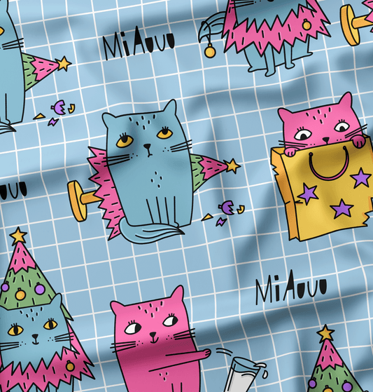 French Terry Xmas Cat Blue Grid